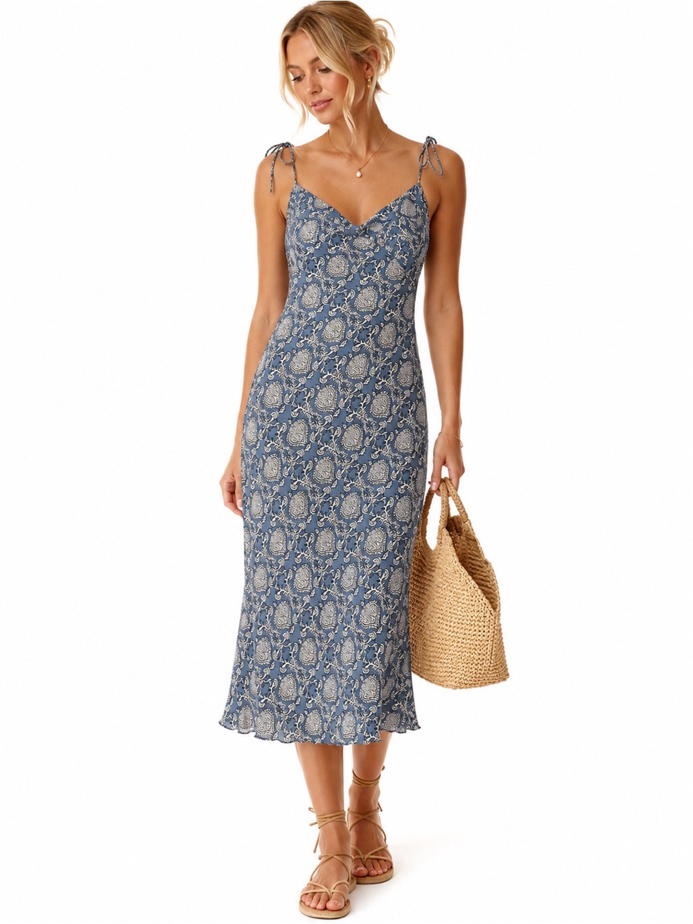 j crew blue paisley dress J. Tie-Shoulder Midi Slip J mclaughlin
